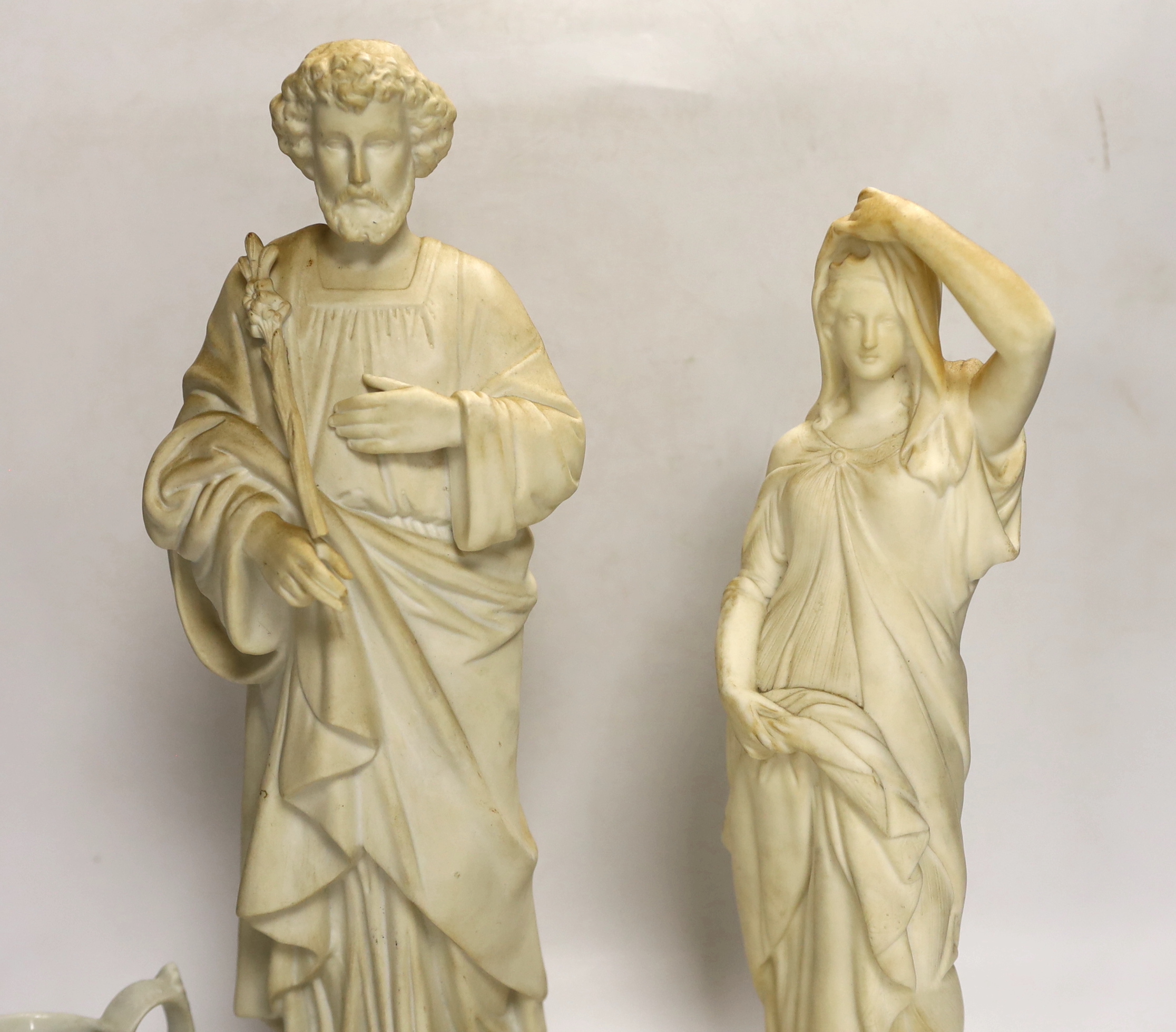 A collection of parian ware including figures and a small Portmeirion jug, tallest 38.5cm (6)